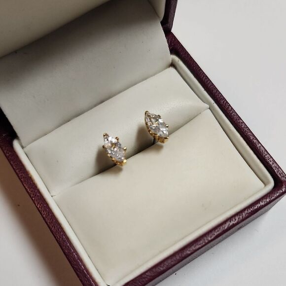 Gold Tone Marquise Cut Stud Earrings CZ - Picture 1 of 4